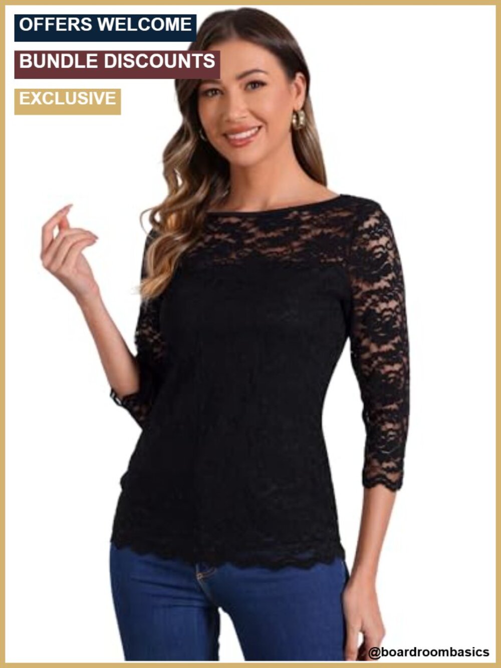 Lace Top 3/4 Sleeve Floral Crew Neck Sheer Dressy Casual Blouse